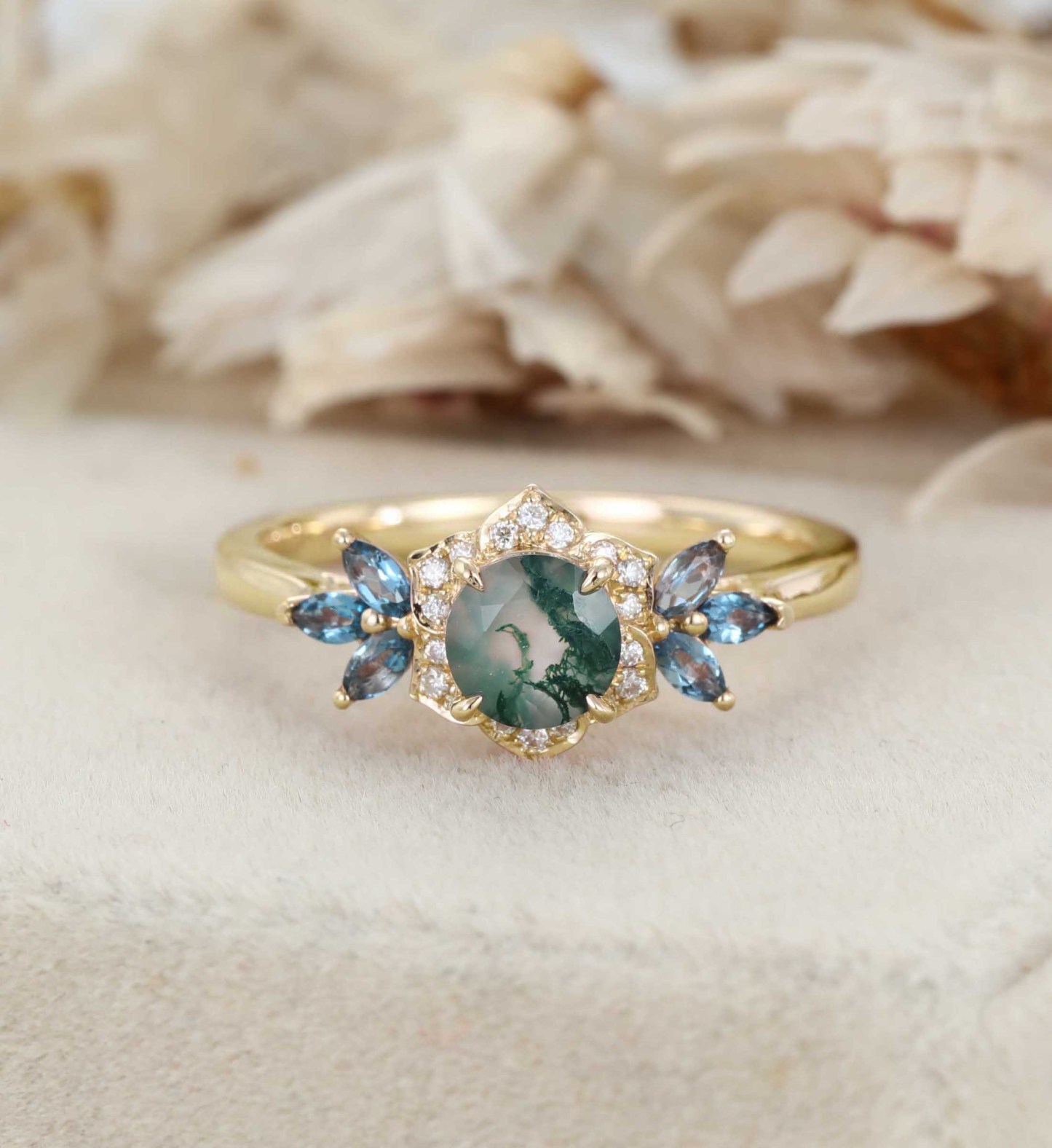 Round Cut Moss Agate Engagement Ring Marquise Blue Topaz Cluster Ring Unique 14K Rose Gold Ring