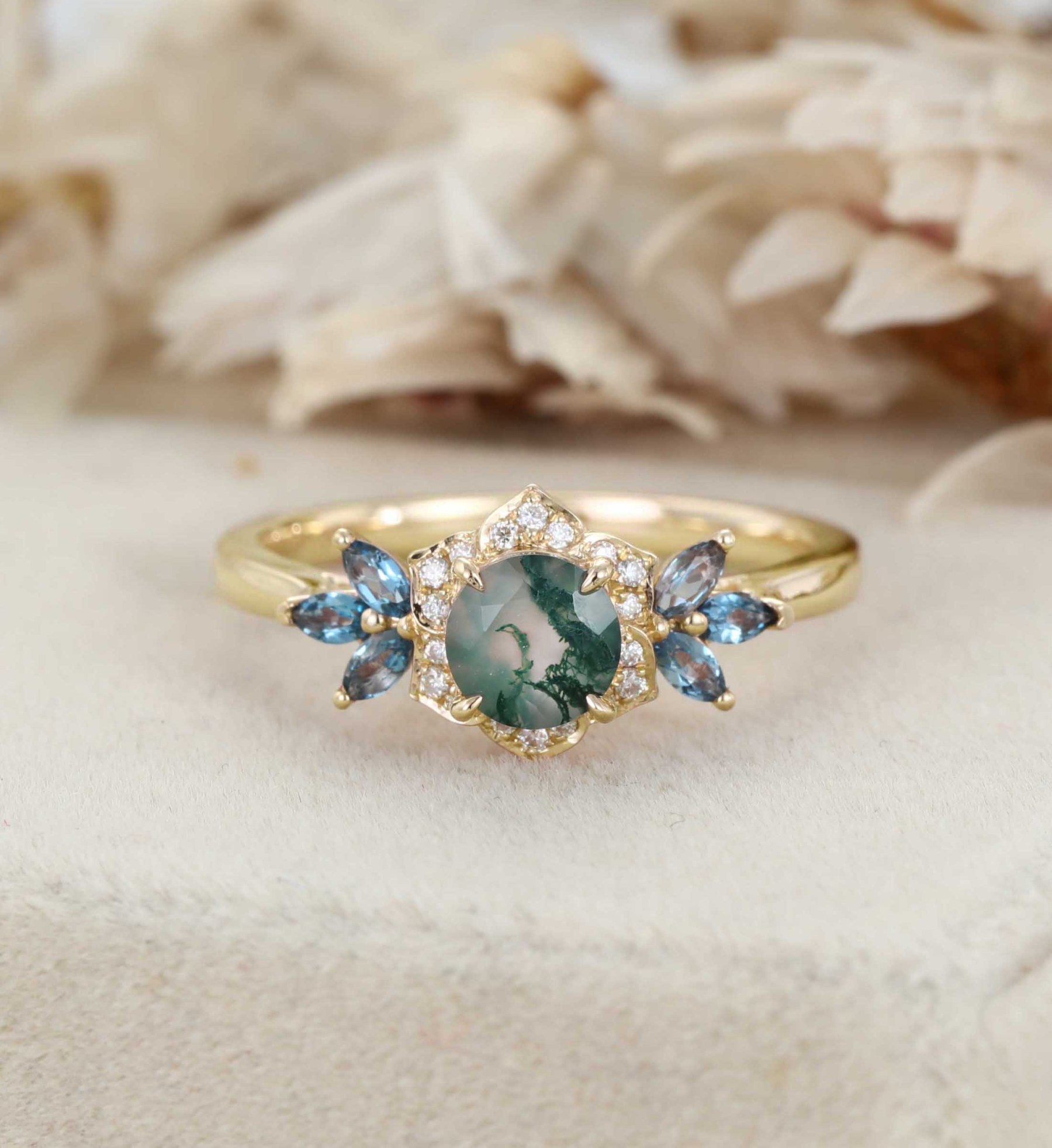 Round Cut Moss Agate Engagement Ring Marquise Blue Topaz Cluster Ring Unique 14K Rose Gold Ring