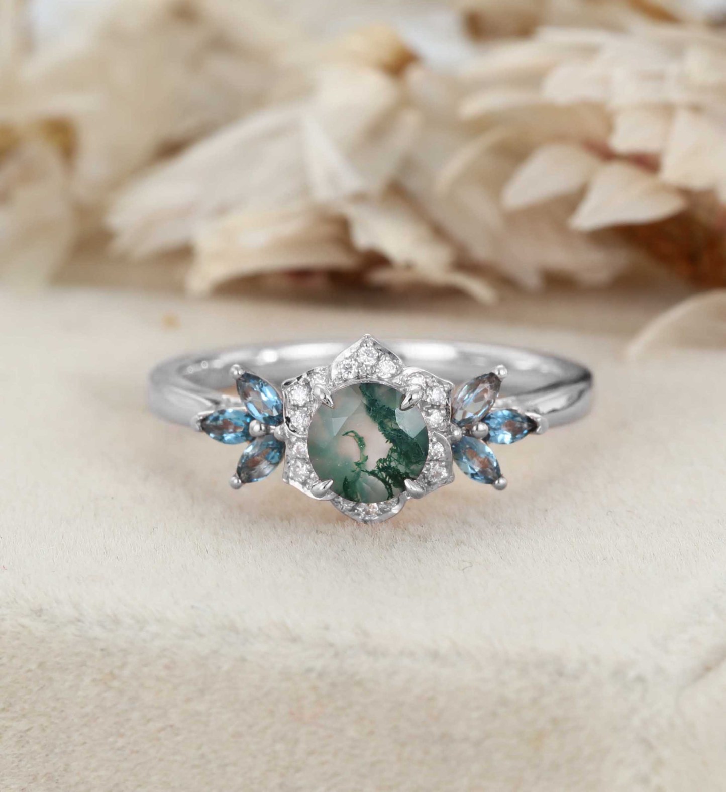 Round Cut Moss Agate Engagement Ring Marquise Blue Topaz Cluster Ring Unique 14K Rose Gold Ring