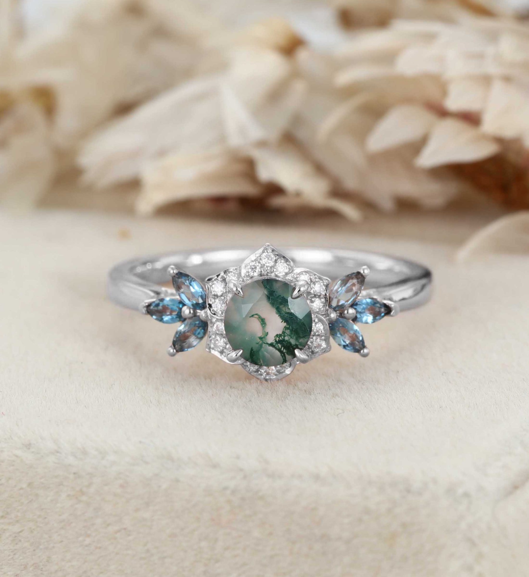 Round Cut Moss Agate Engagement Ring Marquise Blue Topaz Cluster Ring Unique 14K Rose Gold Ring