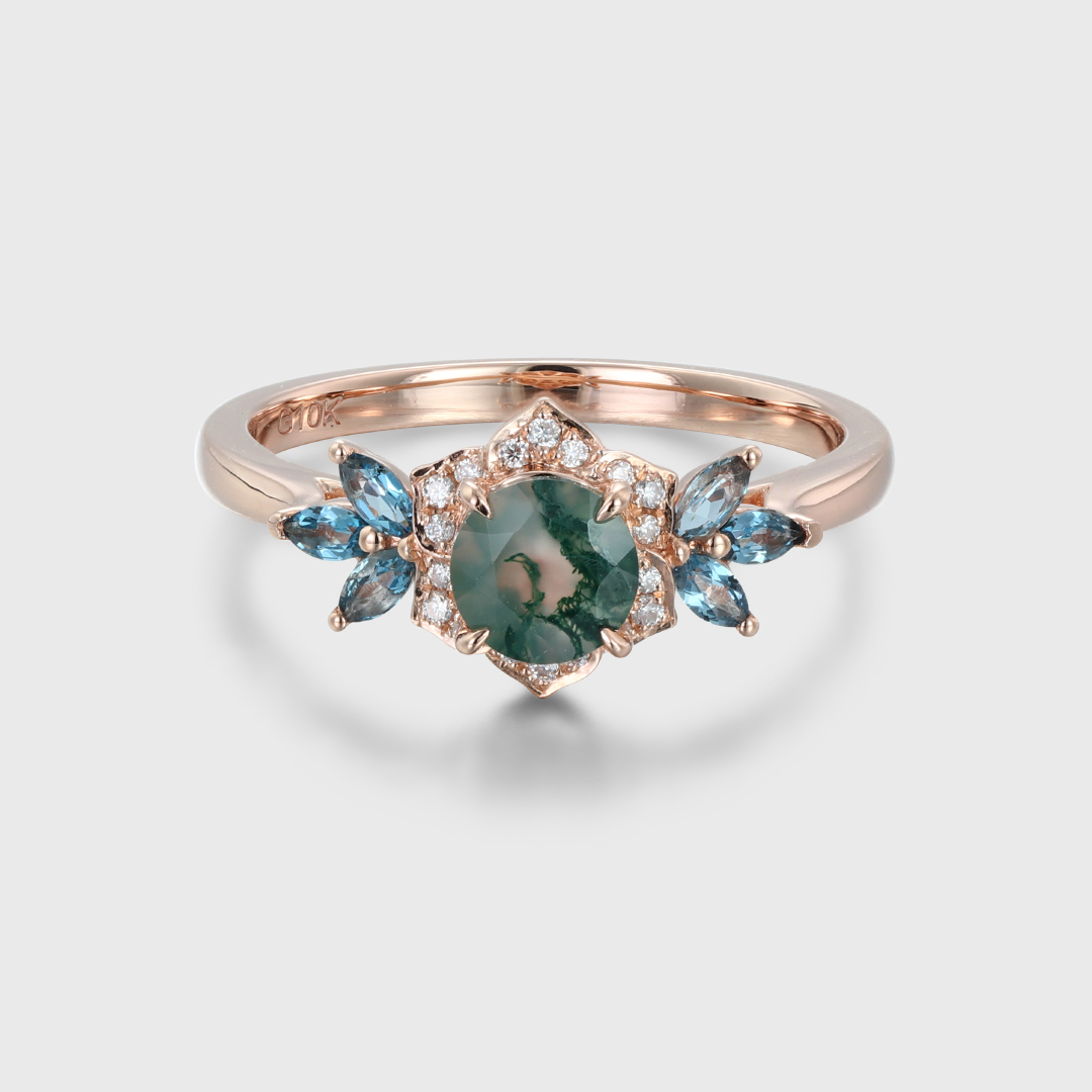 Round Cut Moss Agate Engagement Ring Marquise Blue Topaz Cluster Ring Unique 14K Rose Gold Ring