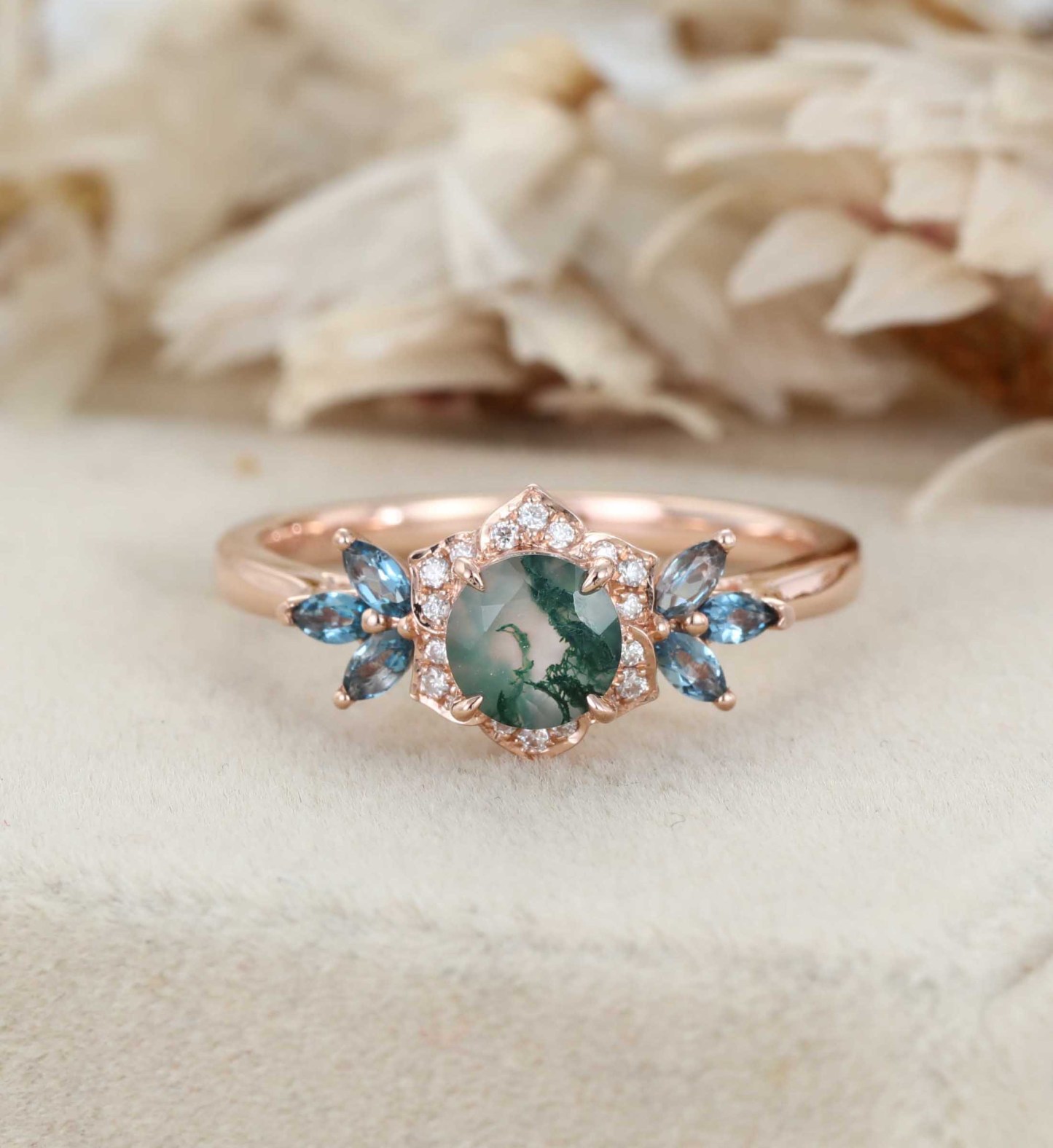 Round Cut Moss Agate Engagement Ring Marquise Blue Topaz Cluster Ring Unique 14K Rose Gold Ring