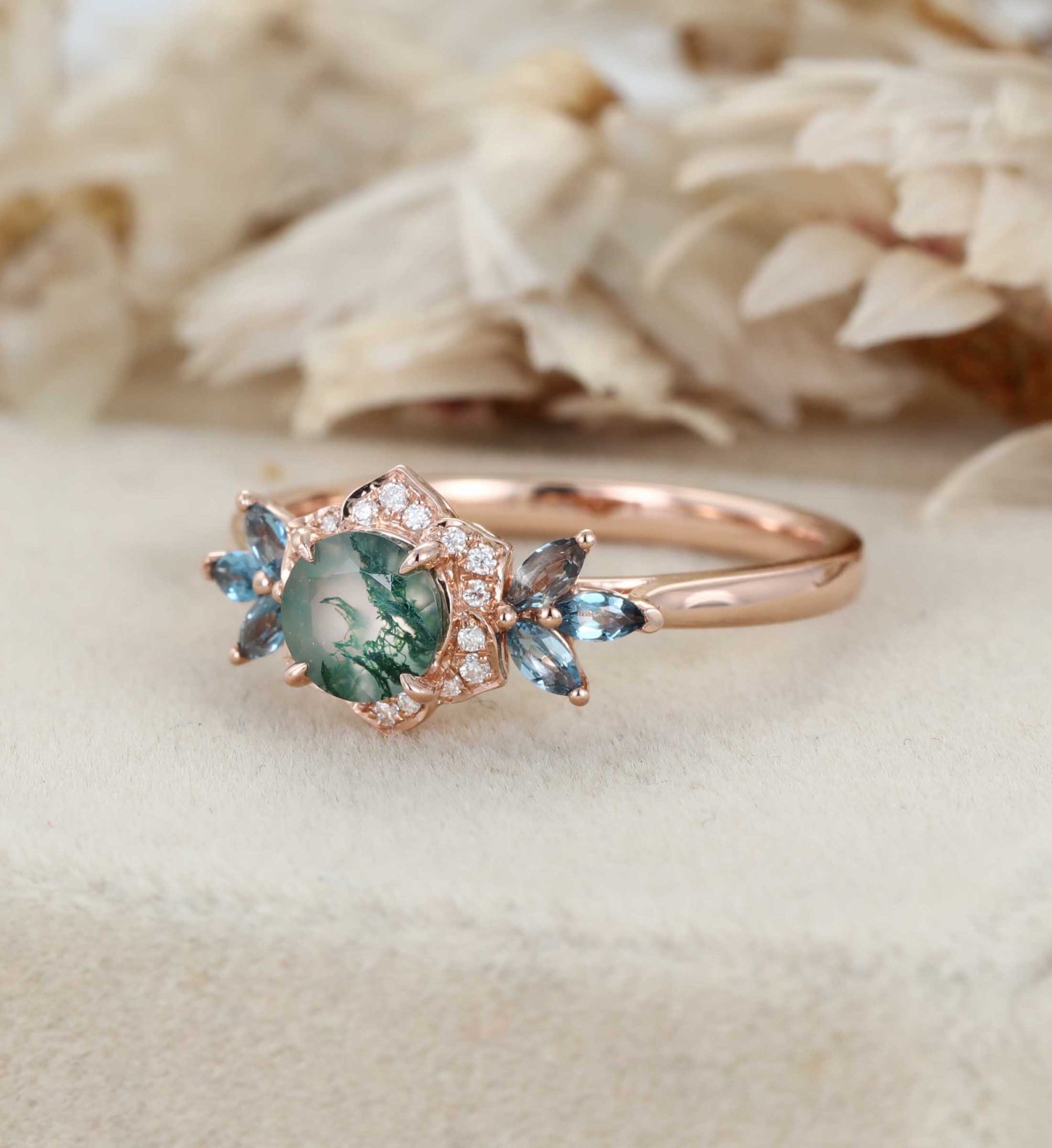 Round Cut Moss Agate Engagement Ring Marquise Blue Topaz Cluster Ring Unique 14K Rose Gold Ring