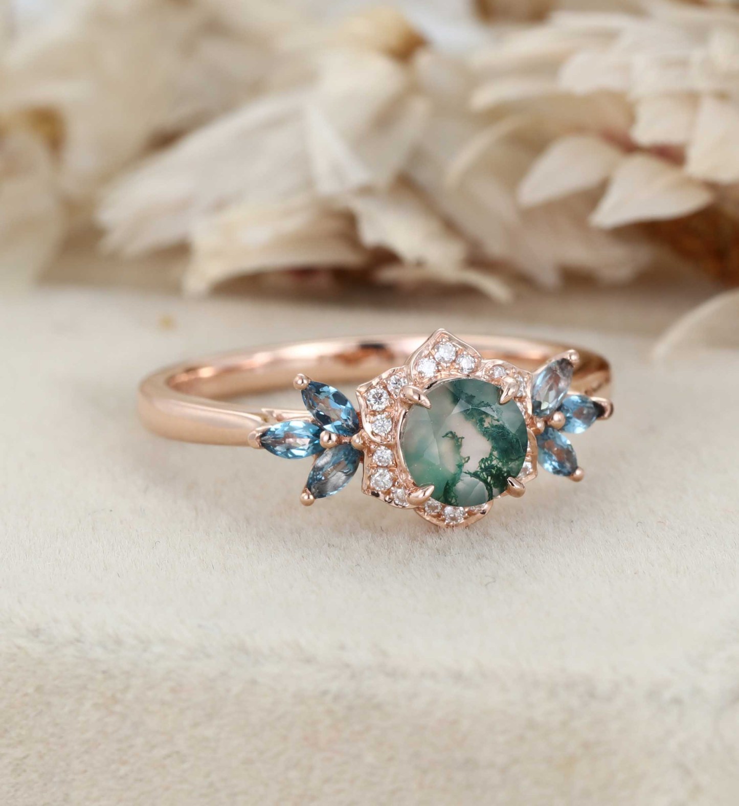 Round Cut Moss Agate Engagement Ring Marquise Blue Topaz Cluster Ring Unique 14K Rose Gold Ring