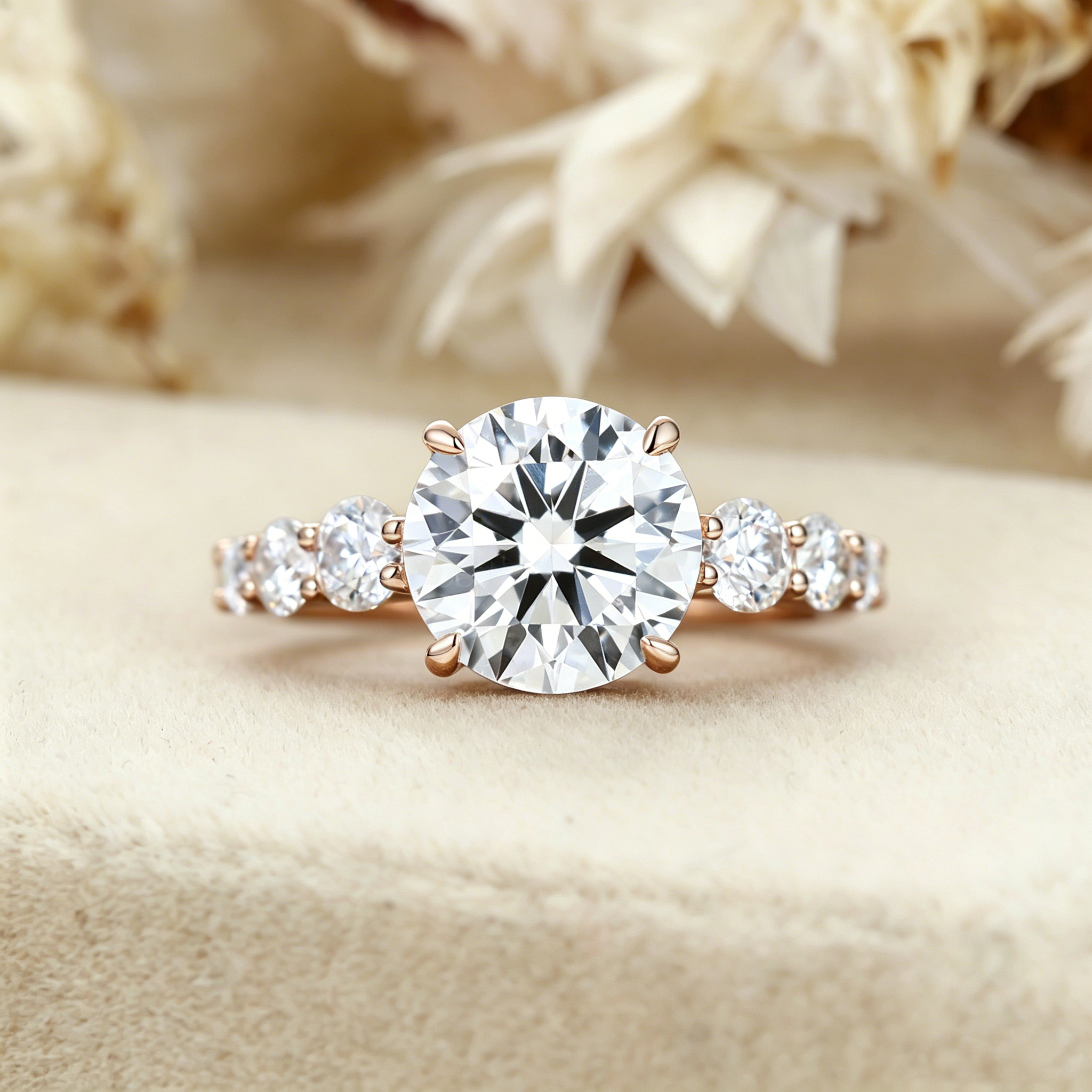 Round Lab Grown Diamond Engagement Ring Diamond Set in Claw Prongs Diamond Wedding Ring Rose Gold