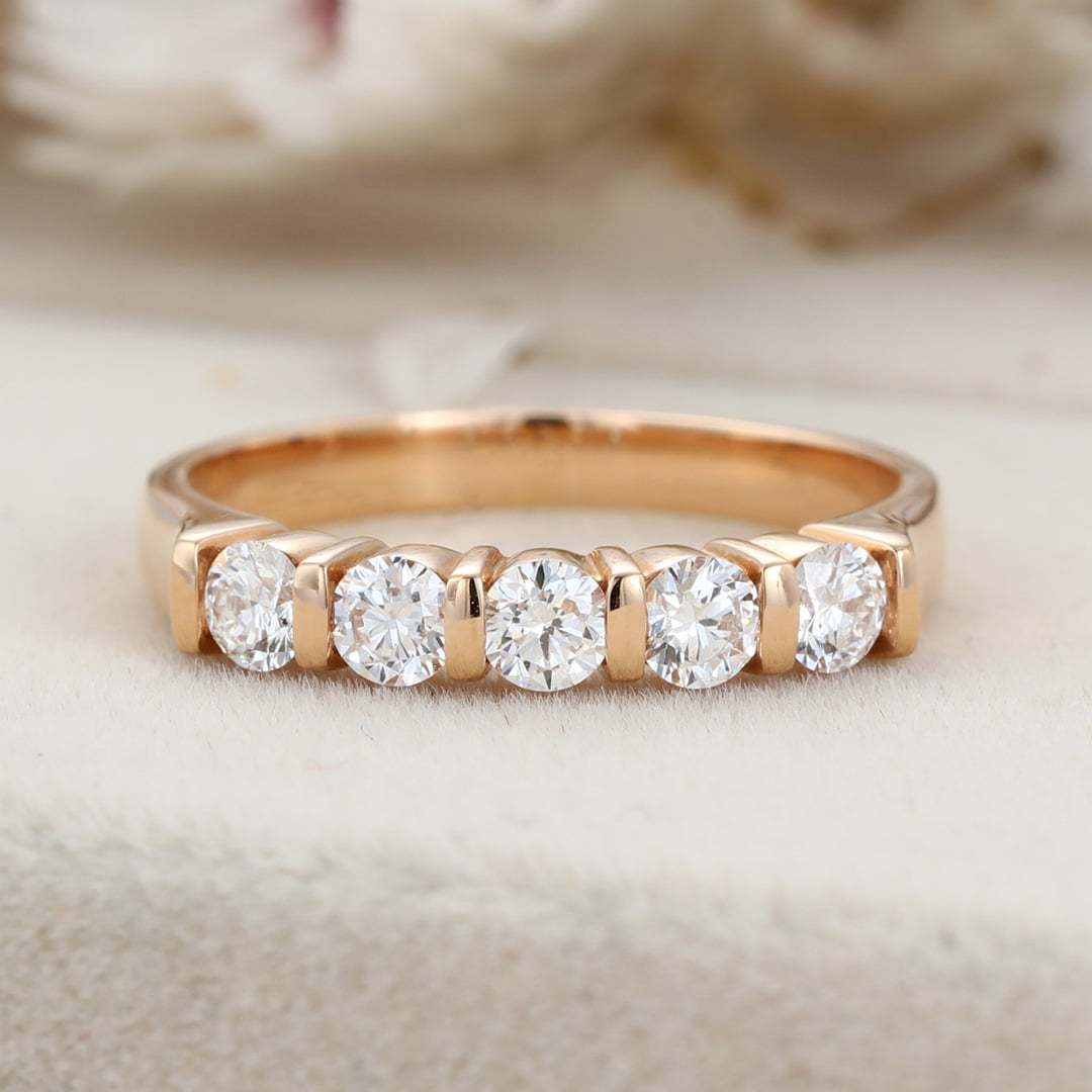 Round Moissanite wedding band 14K solid gold Unique Half eternity ring rose gold wedding band vintage Stacking Matching bridal promise gift