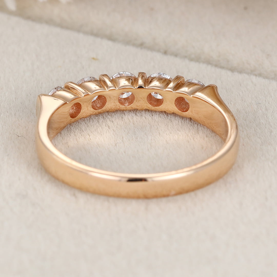 Round Moissanite wedding band 14K solid gold Unique Half eternity ring rose gold wedding band vintage Stacking Matching bridal promise gift