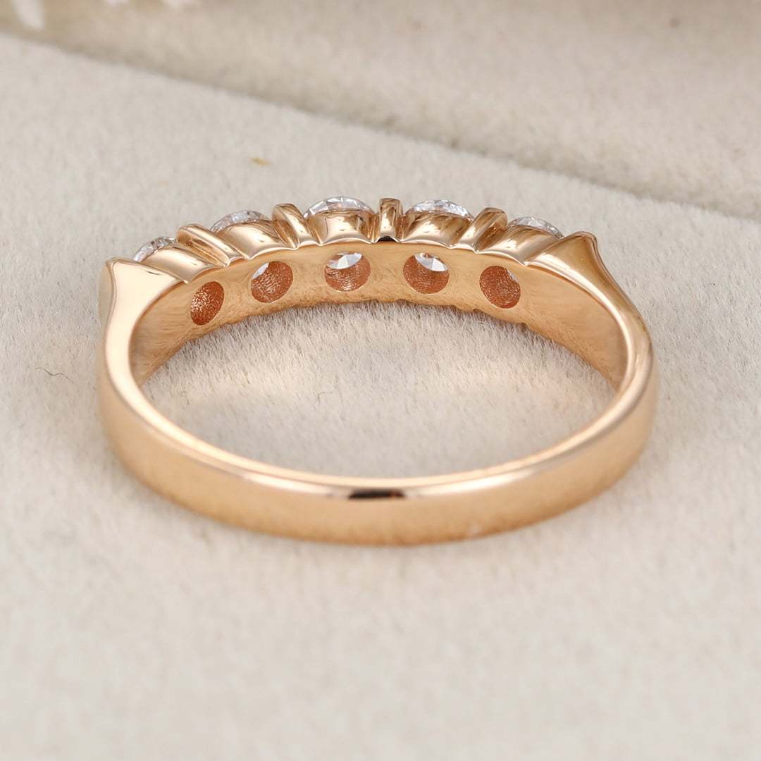 Round Moissanite wedding band 14K solid gold Unique Half eternity ring rose gold wedding band vintage Stacking Matching bridal promise gift