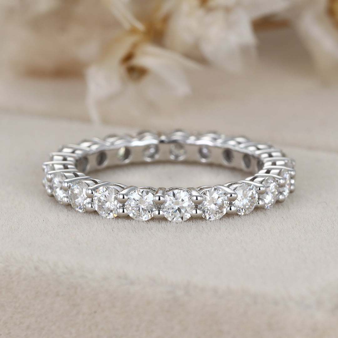 Round cut Moissanite wedding band women Unique Full eternity White gold wedding band vintage Stacking Matching bridal promise gift for her