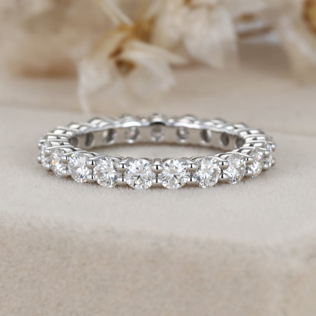 Round cut Moissanite wedding band women Unique Full eternity White gold wedding band vintage Stacking Matching bridal promise gift for her