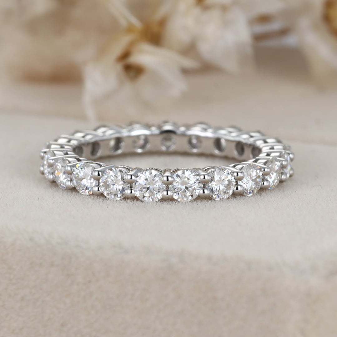 Round cut Moissanite wedding band women Unique Full eternity White gold wedding band vintage Stacking Matching bridal promise gift for her