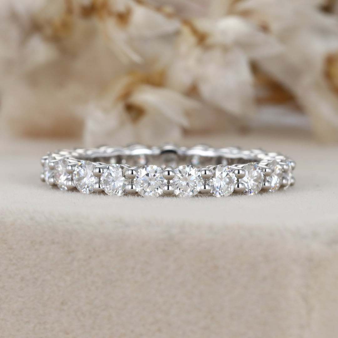 Round cut Moissanite wedding band women Unique Full eternity White gold wedding band vintage Stacking Matching bridal promise gift for her