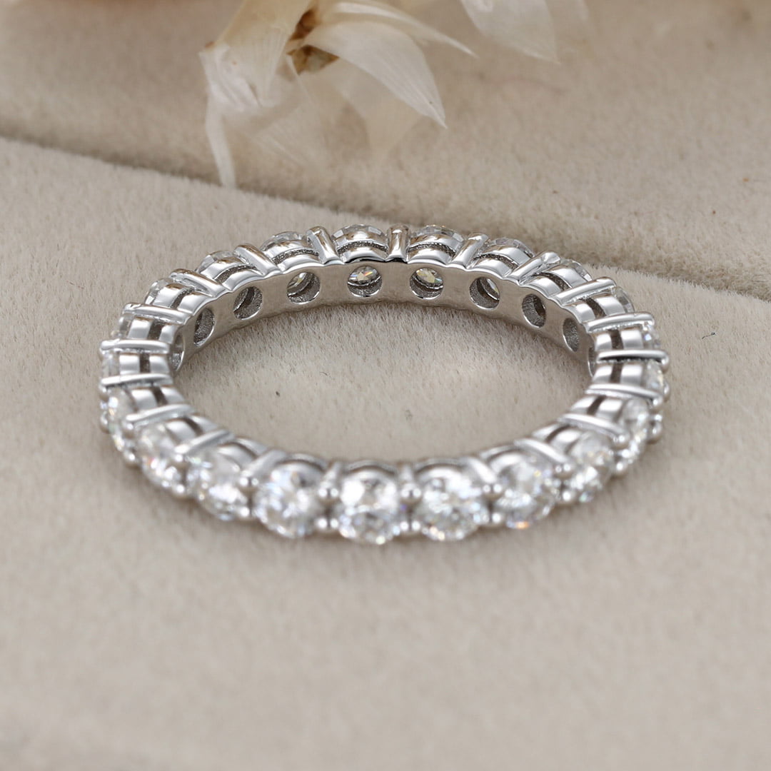 Round cut Moissanite wedding band women Unique Full eternity White gold wedding band vintage Stacking Matching bridal promise gift for her