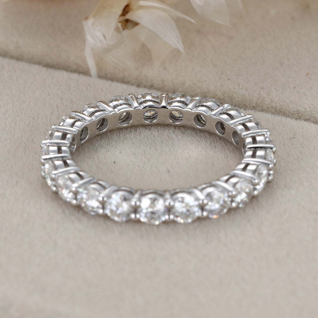Round cut Moissanite wedding band women Unique Full eternity White gold wedding band vintage Stacking Matching bridal promise gift for her