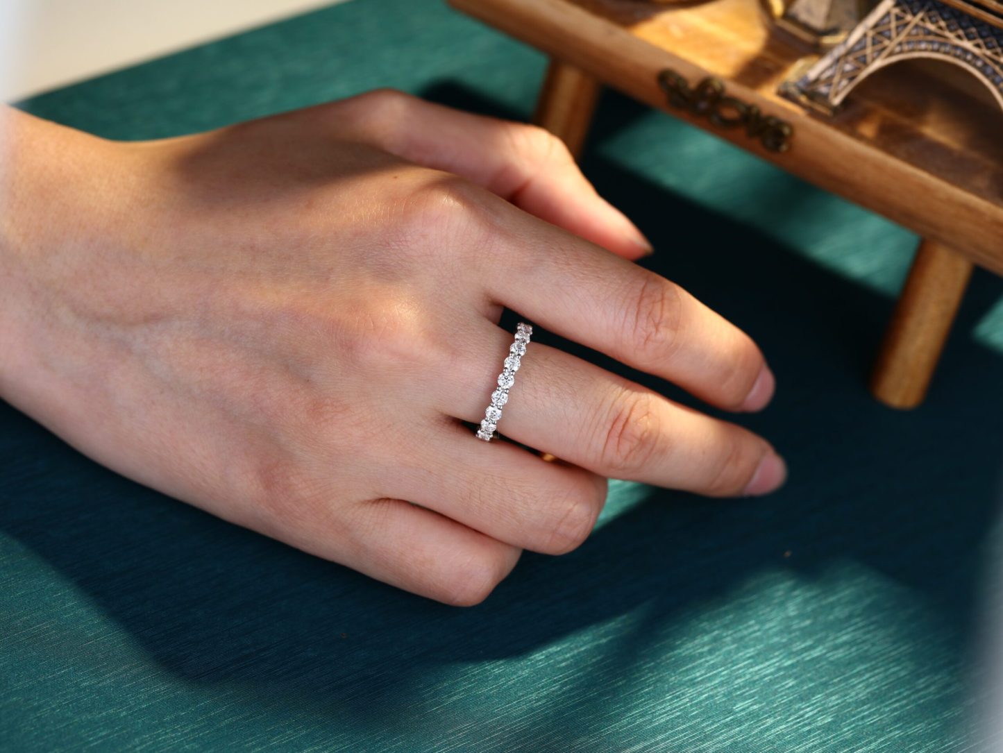Round cut Moissanite wedding band women Unique Full eternity White gold wedding band vintage Stacking Matching bridal promise gift for her
