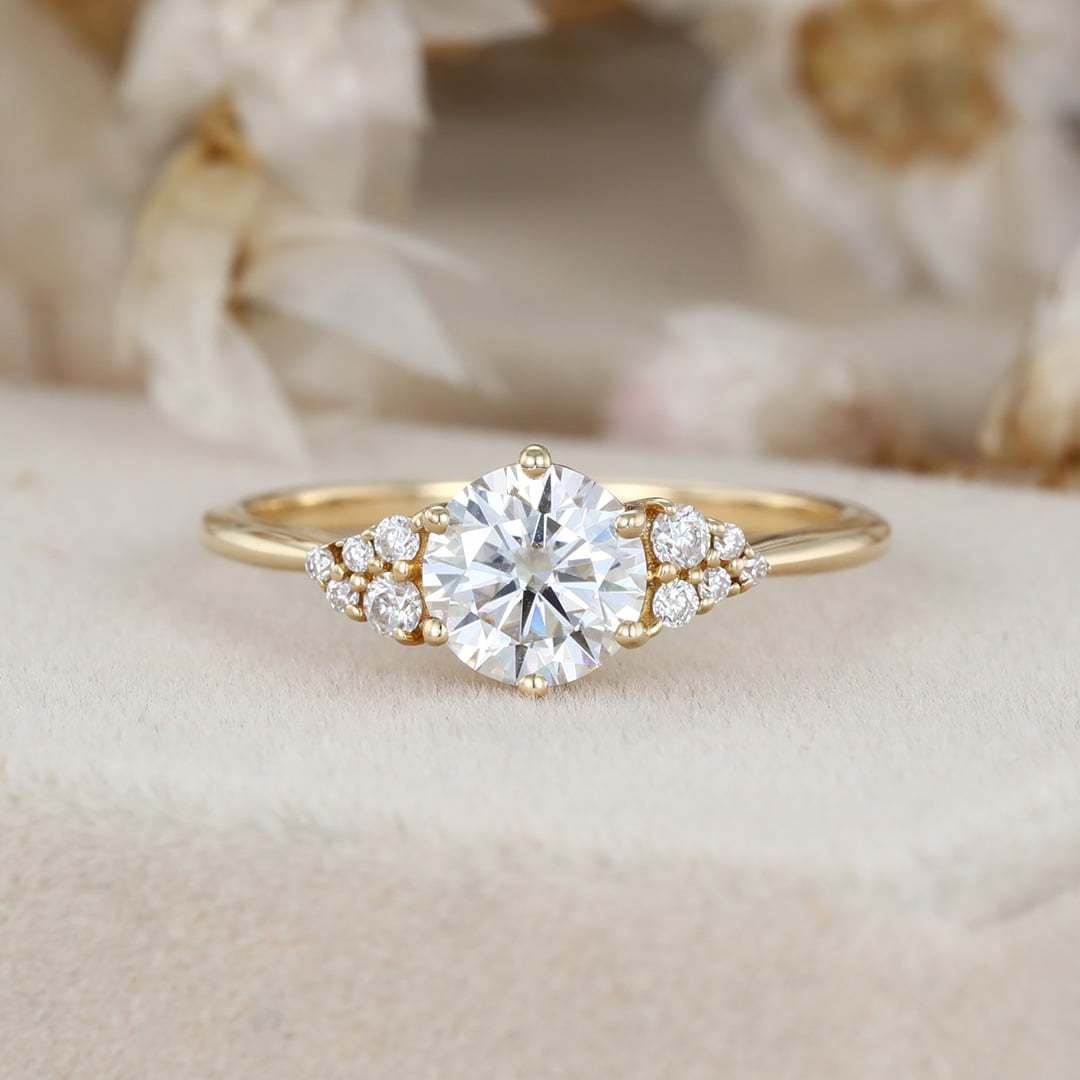 1 Carat Round Cut Yellow Gold Moissanite Cluster Engagement Ring for Women