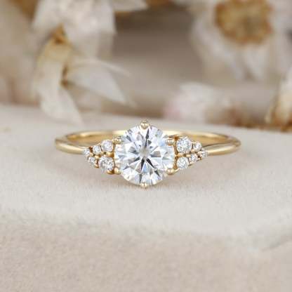 1 Carat Round Cut Yellow Gold Moissanite Cluster Engagement Ring for Women