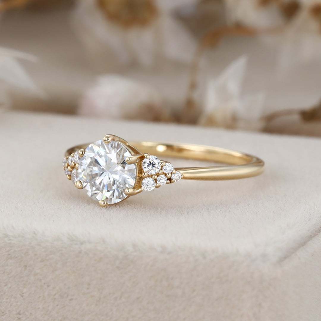 1 Carat Round Cut Yellow Gold Moissanite Cluster Engagement Ring for Women