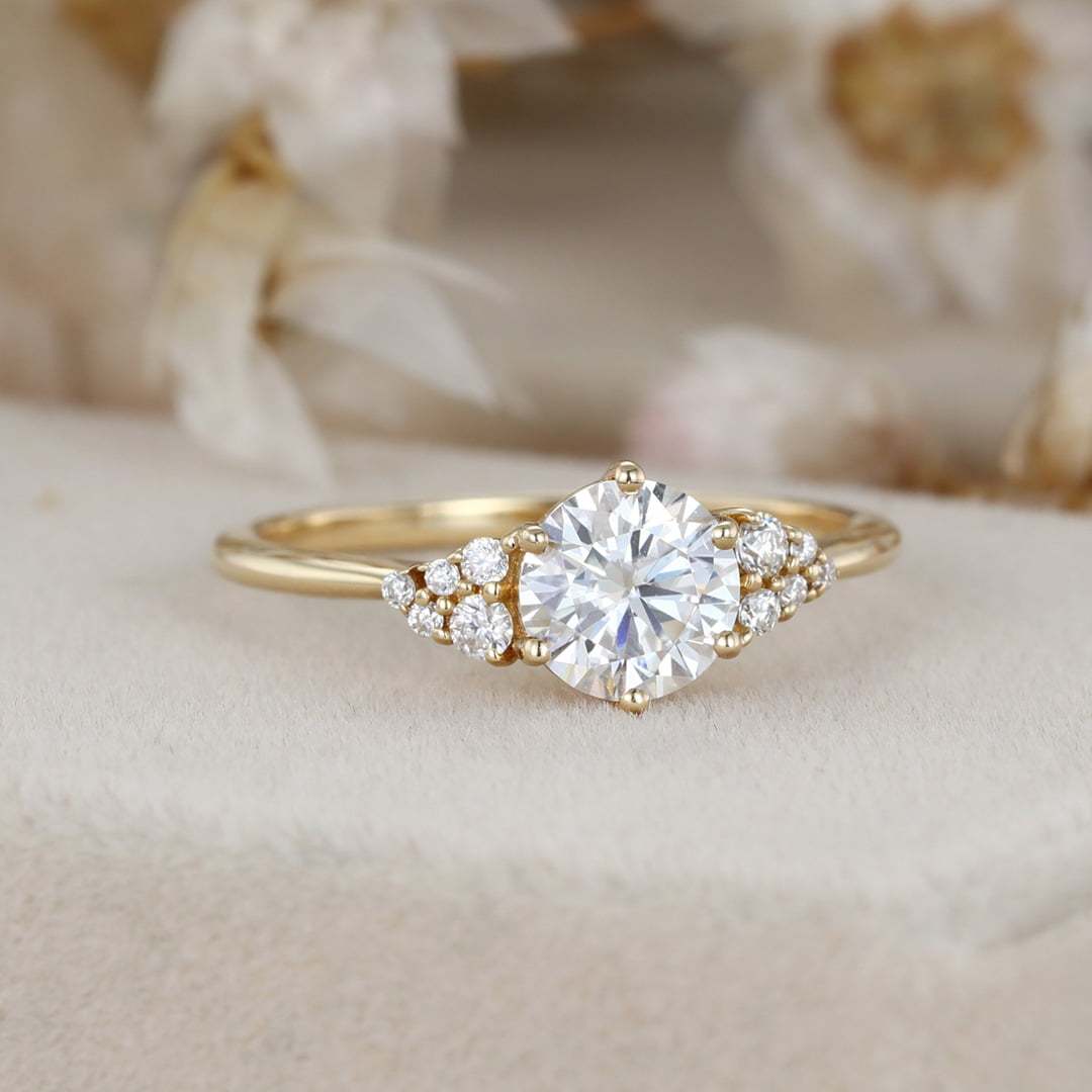 1 Carat Round Cut Yellow Gold Moissanite Cluster Engagement Ring for Women