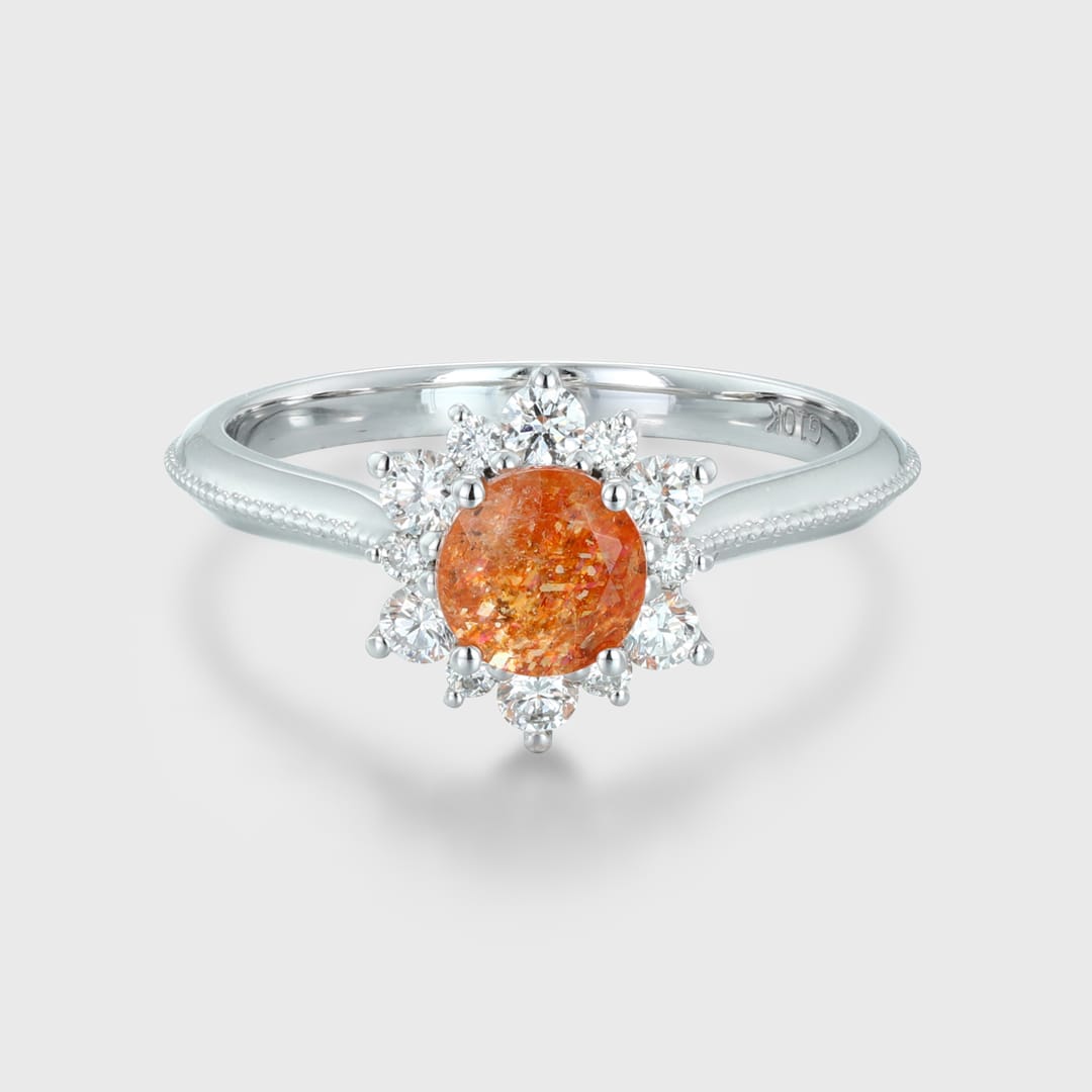 Round shaped Sunstone engagement ring Unique solid 14K White gold engagenent ring Vintage Cluster moissanite ring Bridal Promise Anniversary