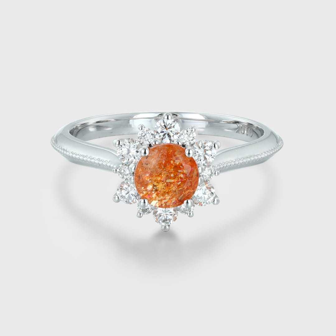 Round shaped Sunstone engagement ring Unique solid 14K White gold engagenent ring Vintage Cluster moissanite ring Bridal Promise Anniversary
