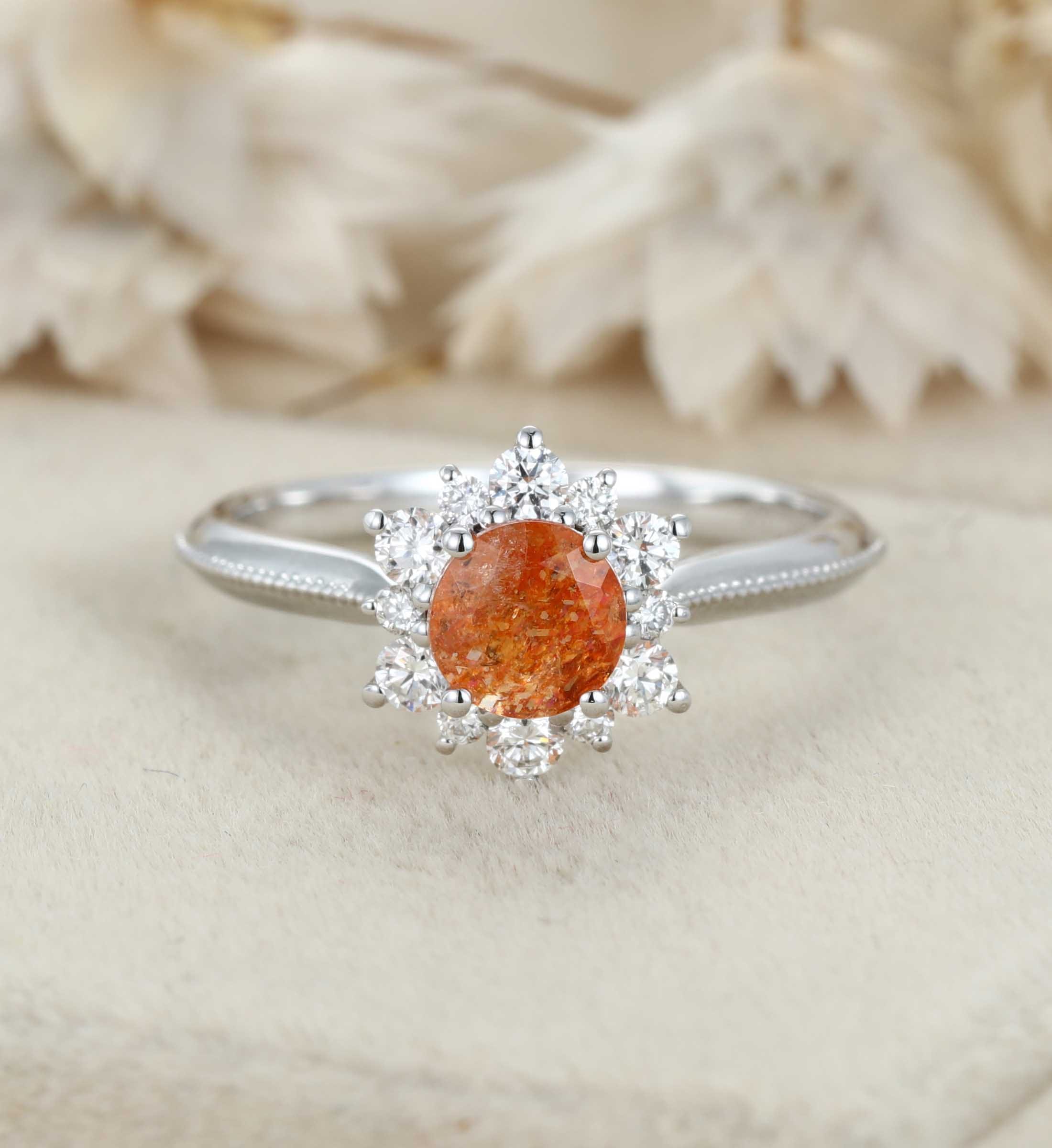 Round shaped Sunstone engagement ring Unique solid 14K White gold engagenent ring Vintage Cluster moissanite ring Bridal Promise Anniversary