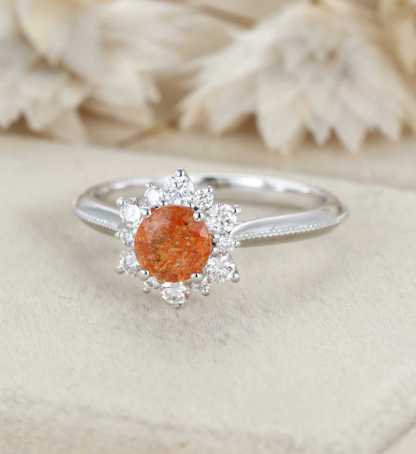 Round shaped Sunstone engagement ring Unique solid 14K White gold engagenent ring Vintage Cluster moissanite ring Bridal Promise Anniversary