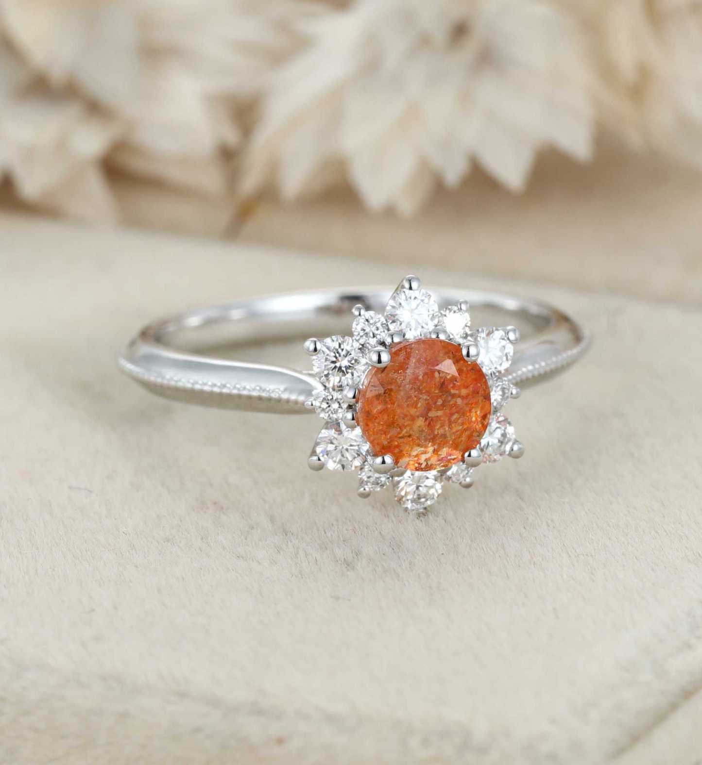 Round shaped Sunstone engagement ring Unique solid 14K White gold engagenent ring Vintage Cluster moissanite ring Bridal Promise Anniversary