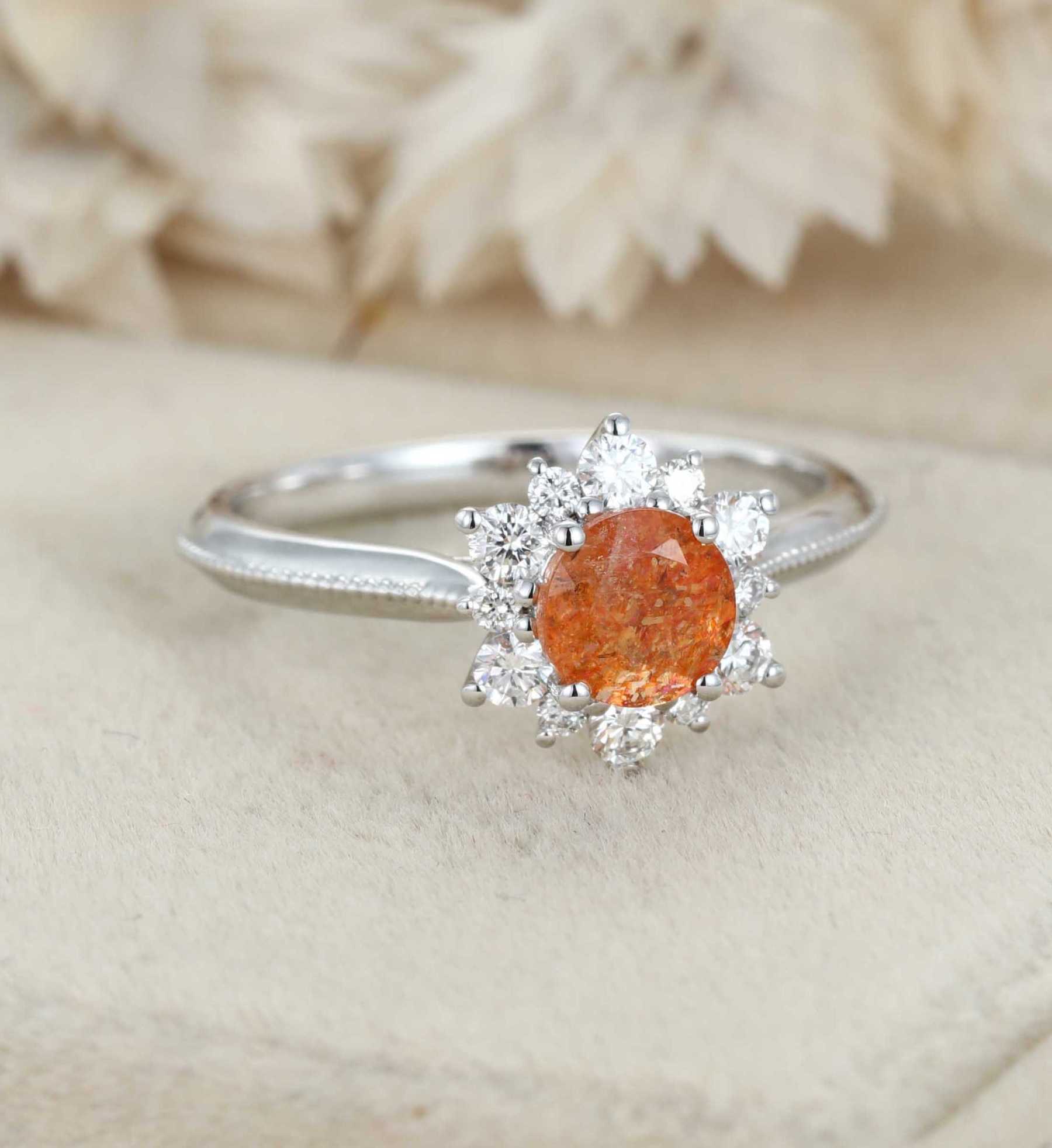 Round shaped Sunstone engagement ring Unique solid 14K White gold engagenent ring Vintage Cluster moissanite ring Bridal Promise Anniversary