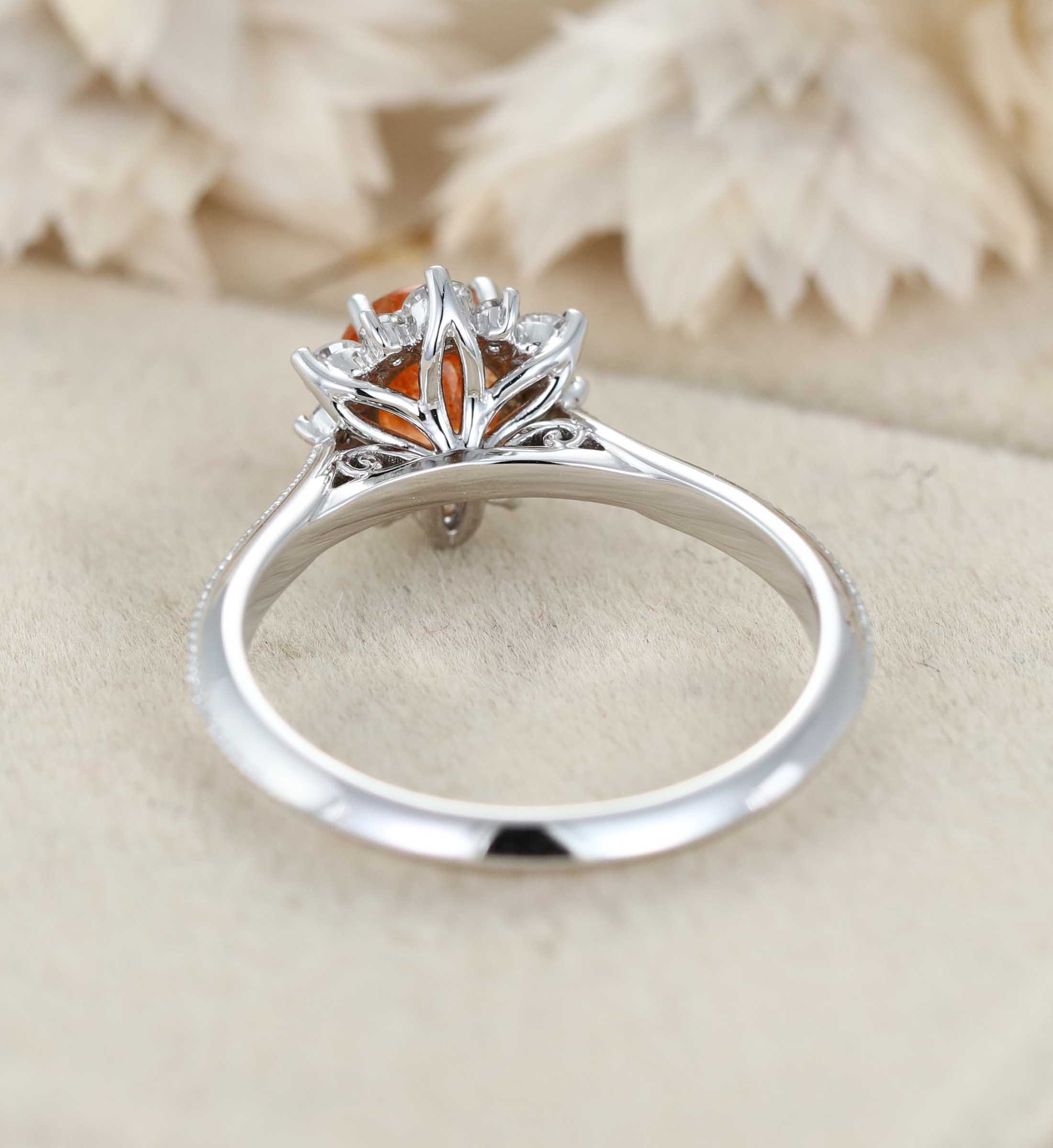 Round shaped Sunstone engagement ring Unique solid 14K White gold engagenent ring Vintage Cluster moissanite ring Bridal Promise Anniversary