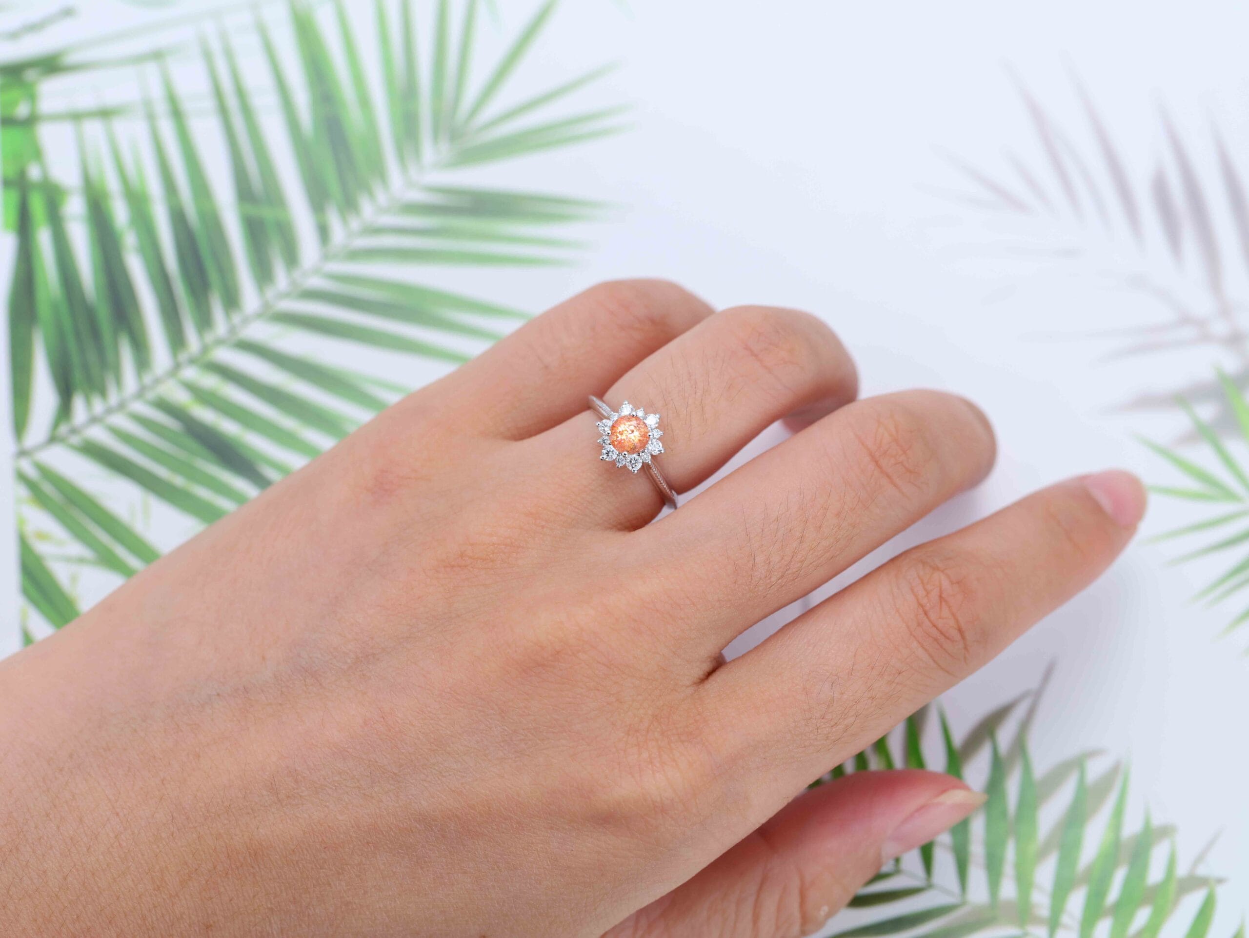 Round shaped Sunstone engagement ring Unique solid 14K White gold engagenent ring Vintage Cluster moissanite ring Bridal Promise Anniversary