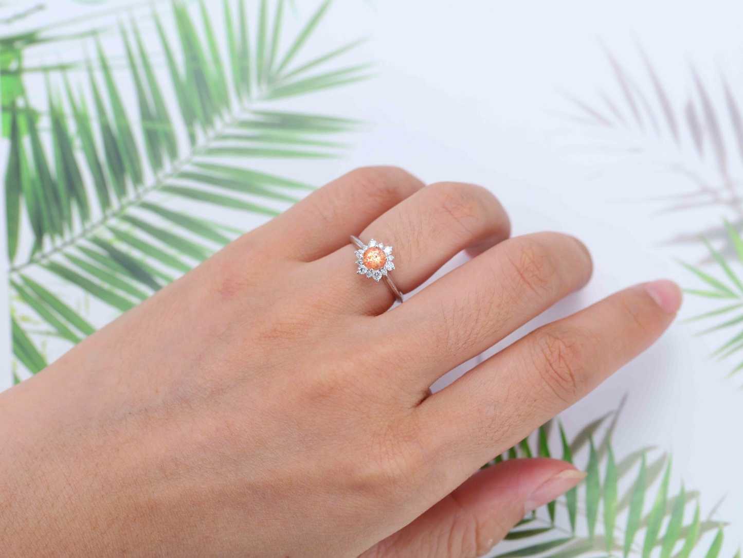 Round shaped Sunstone engagement ring Unique solid 14K White gold engagenent ring Vintage Cluster moissanite ring Bridal Promise Anniversary