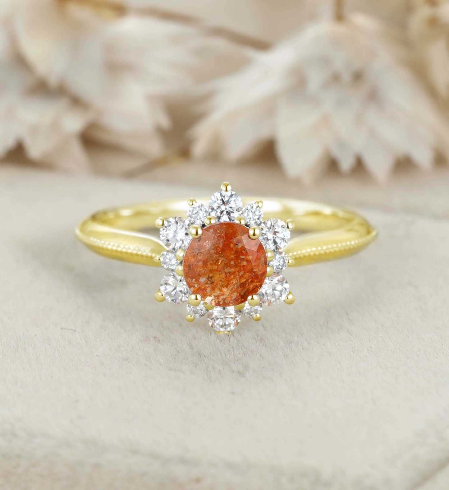 Round shaped Sunstone engagement ring Unique solid 14K White gold engagenent ring Vintage Cluster moissanite ring Bridal Promise Anniversary