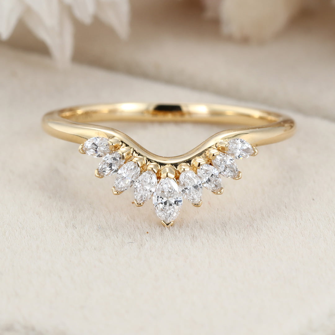 Solid 14K Yellow Gold Ring Vintage Marquise Cut Diamond Wedding Curved Matching Bridal Stacking Ring