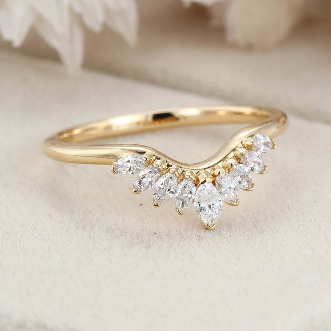 Solid 14K Yellow Gold Ring Vintage Marquise Cut Diamond Wedding Curved Matching Bridal Stacking Ring