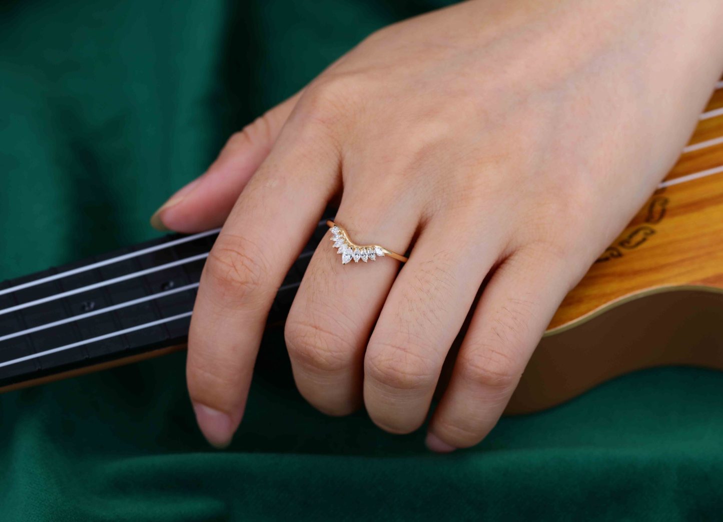 Solid 14K Yellow Gold Ring Vintage Marquise Cut Diamond Wedding Curved Matching Bridal Stacking Ring