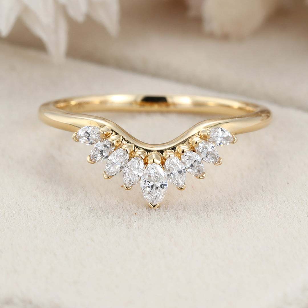 Solid 14K Yellow Gold Ring Vintage Marquise Cut Diamond Wedding Curved Matching Bridal Stacking Ring