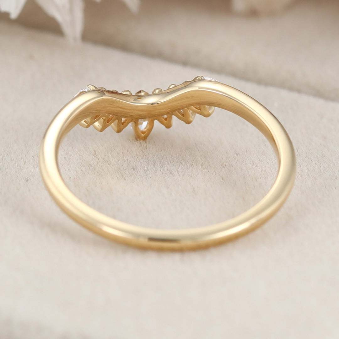 Solid 14K Yellow Gold Ring Vintage Marquise Cut Diamond Wedding Curved Matching Bridal Stacking Ring