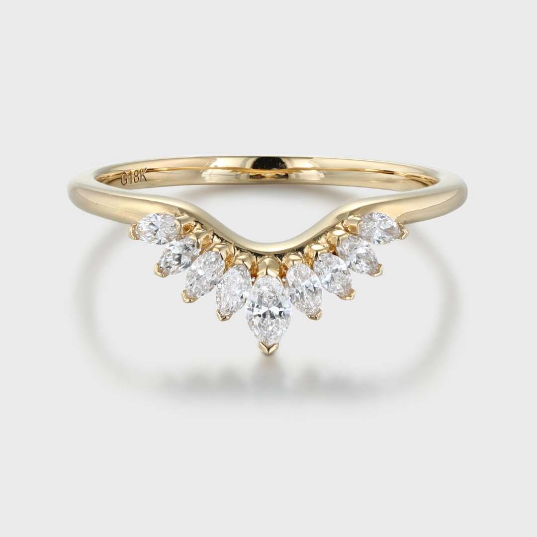 Solid 14K Yellow Gold Ring Vintage Marquise Cut Diamond Wedding Curved Matching Bridal Stacking Ring