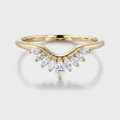 Solid 14K Yellow Gold Ring Vintage Marquise Cut Diamond Wedding Curved Matching Bridal Stacking Ring