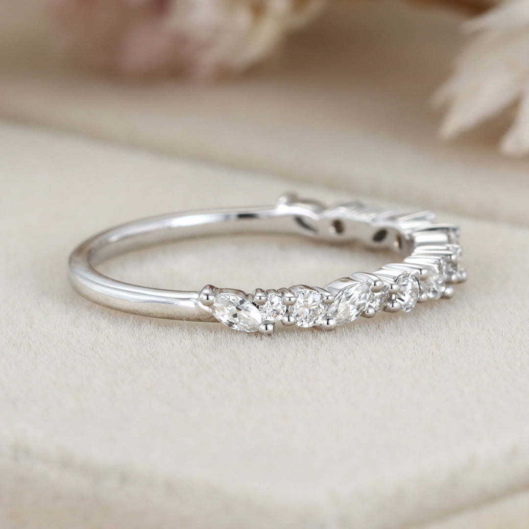 Solid 14K white gold wedding band women Moissanite wedding band Unique Half Eternity diamond ring Vintage Bridal Promise gift for her