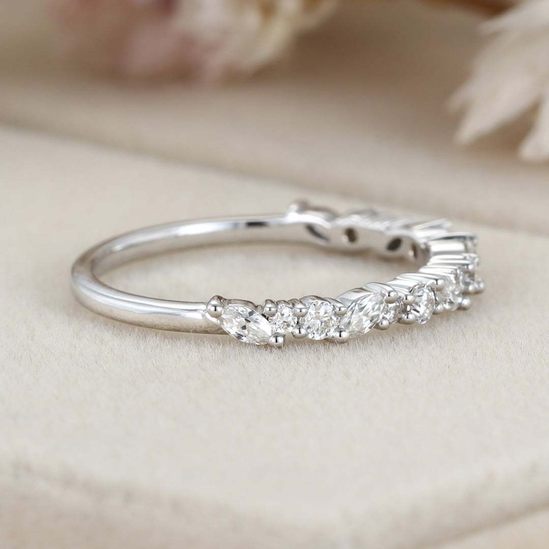 Solid 14K white gold wedding band women Moissanite wedding band Unique Half Eternity diamond ring Vintage Bridal Promise gift for her