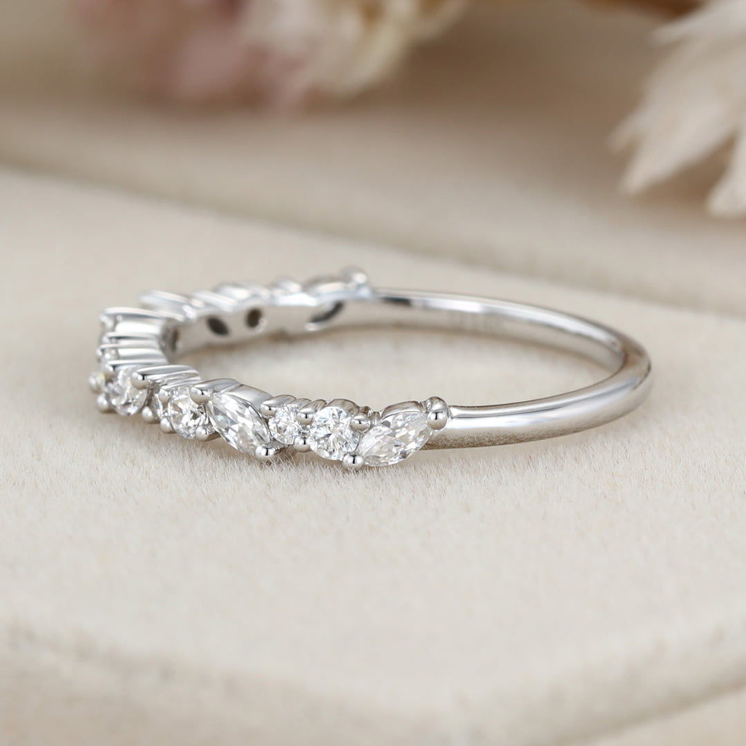 Solid 14K white gold wedding band women Moissanite wedding band Unique Half Eternity diamond ring Vintage Bridal Promise gift for her