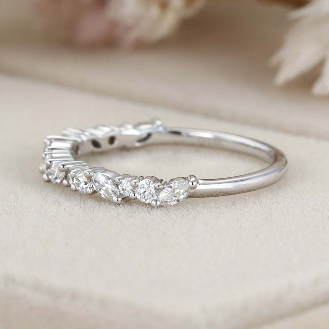 Solid 14K white gold wedding band women Moissanite wedding band Unique Half Eternity diamond ring Vintage Bridal Promise gift for her