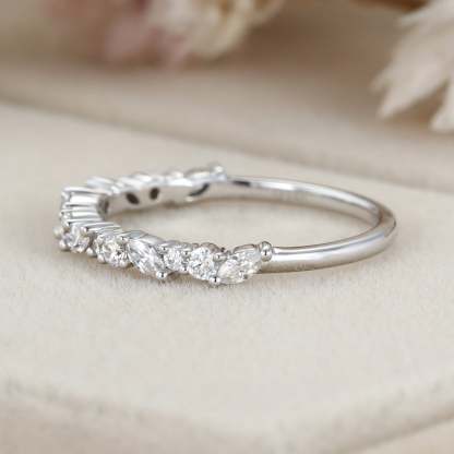 Solid 14K white gold wedding band women Moissanite wedding band Unique Half Eternity diamond ring Vintage Bridal Promise gift for her