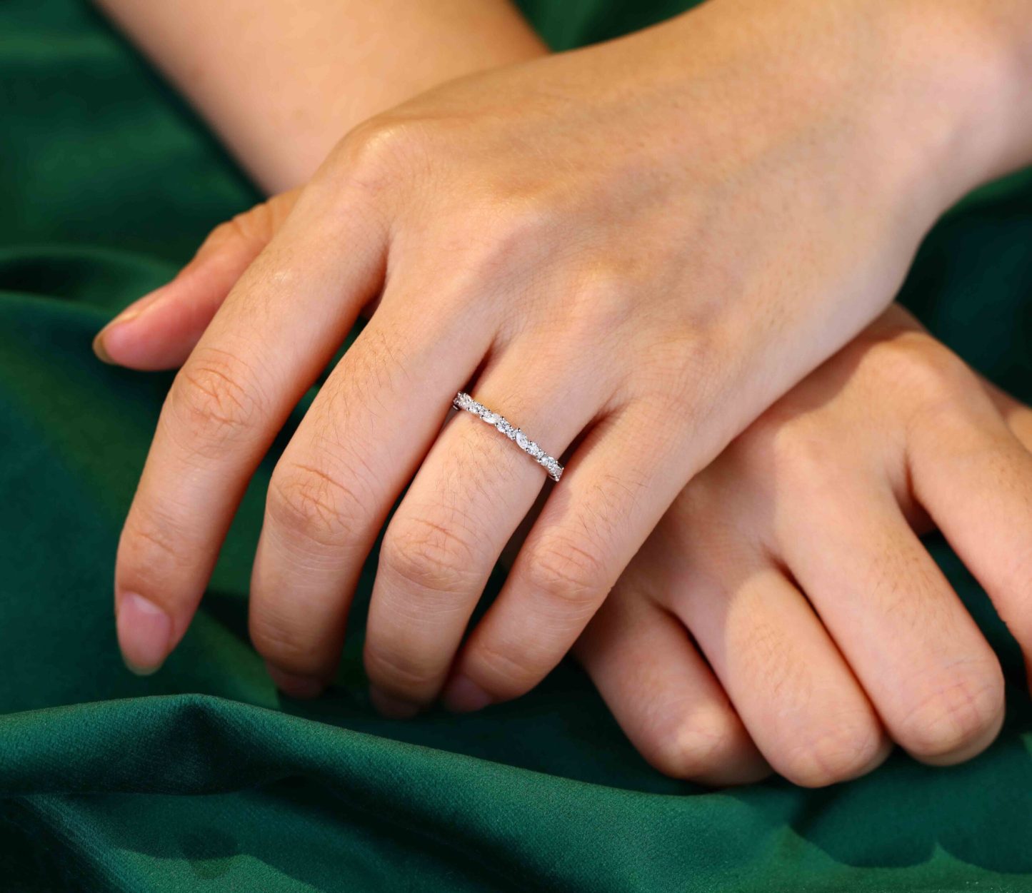 Solid 14K white gold wedding band women Moissanite wedding band Unique Half Eternity diamond ring Vintage Bridal Promise gift for her