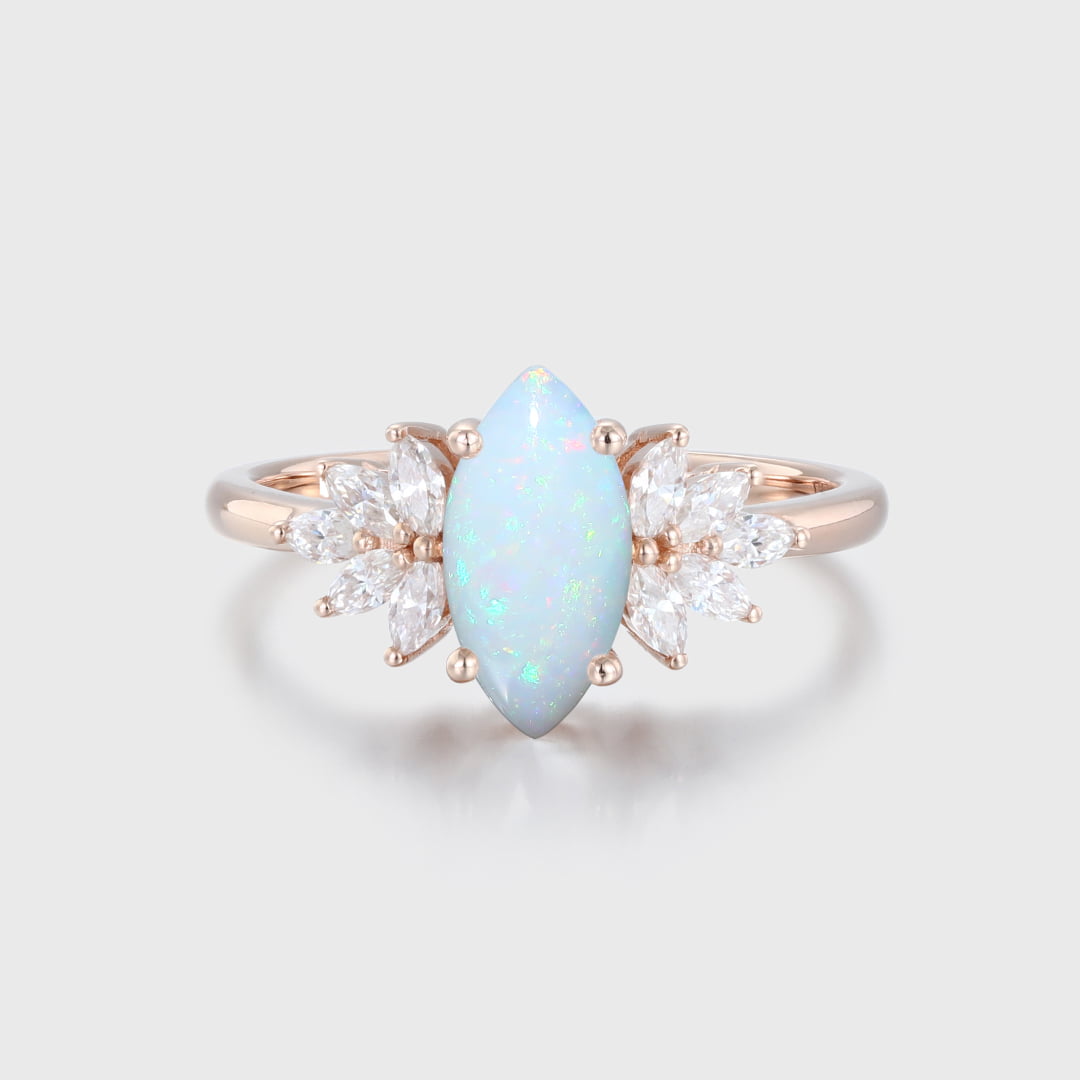 Solid 14k Rose Gold Ring Unique Marquise Opal engagement ring Vintage Diamond Engagement Ring Dainty Ring Promise Anniversary Gift For Her