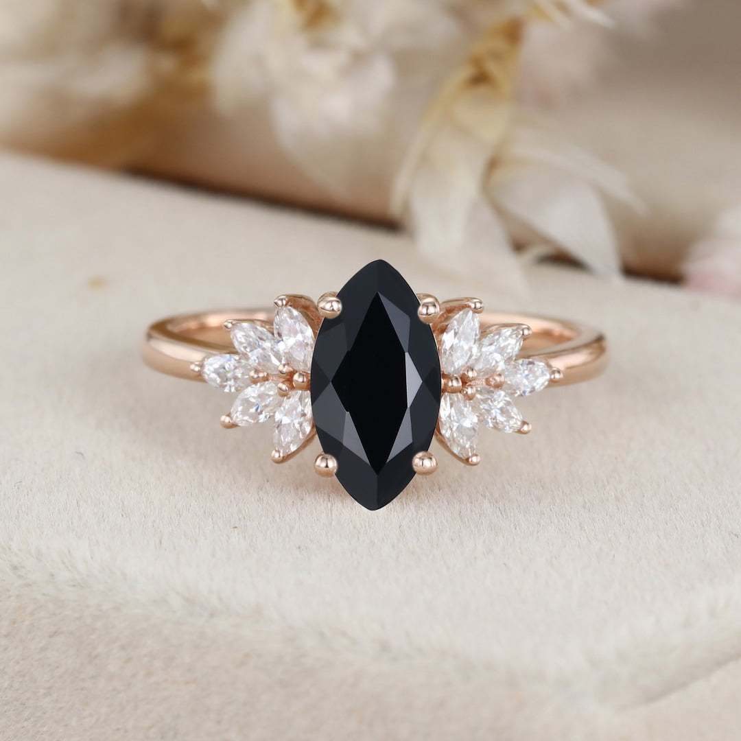 Solid Rose Gold Engagement Ring Marquise Black onyx Engagement Ring Marquise Moissanite Ring Diamond Cluster Ring Promise Anniversary Gift