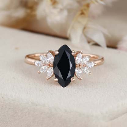 Solid Rose Gold Engagement Ring Marquise Black onyx Engagement Ring Marquise Moissanite Ring Diamond Cluster Ring Promise Anniversary Gift