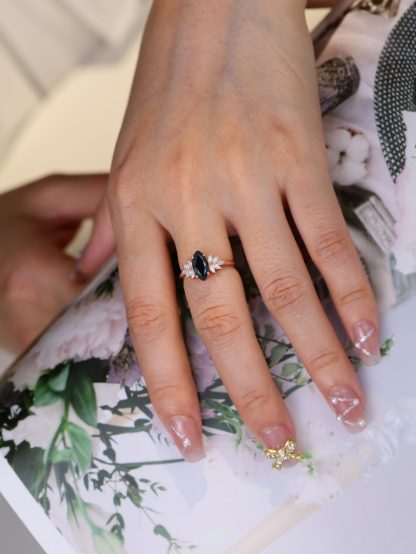 Solid Rose Gold Engagement Ring Marquise Black onyx Engagement Ring Marquise Moissanite Ring Diamond Cluster Ring Promise Anniversary Gift